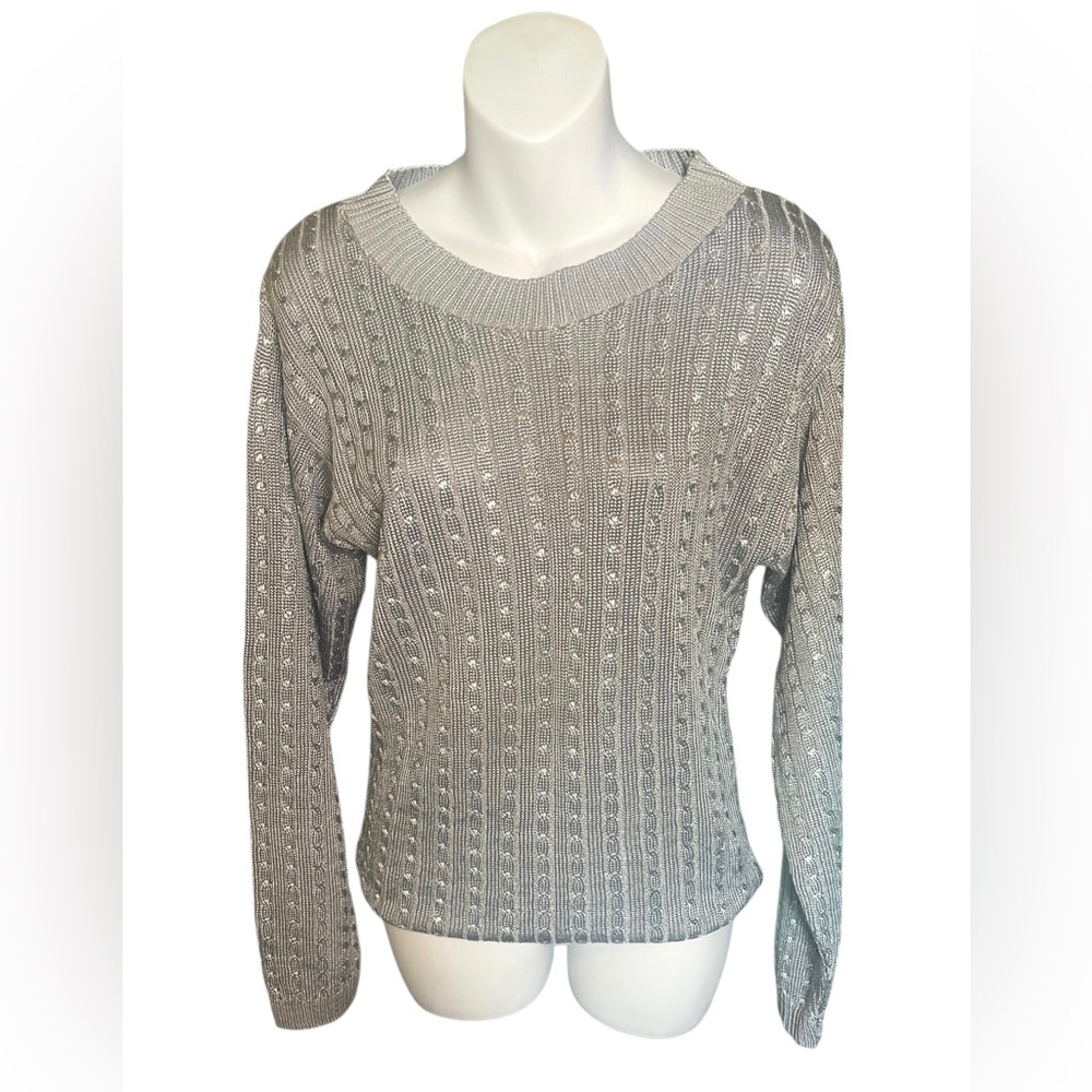 Vtg EXPRESS Tricot Silver Cable-knit Crewneck Sweater Cotton Rayon O/S Stretch